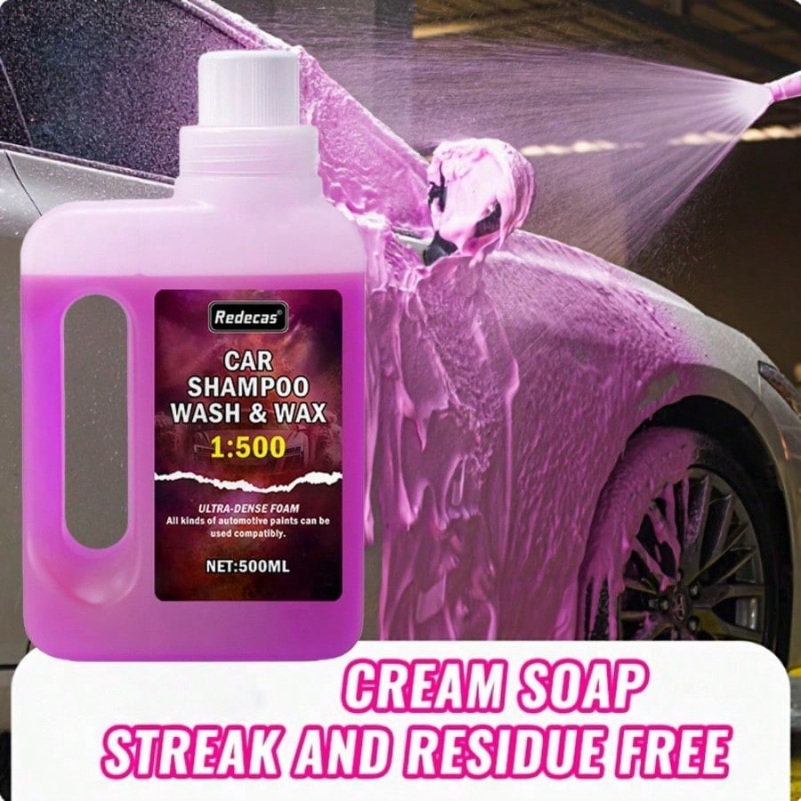Car Wax Ceramic Coating - น้ำยาล้างรถสีชมพู 500 มล. โฟมเข้มข้น ผสมแว็กซ์สร้างสารเคลือบเซรามิก บำรุงและปกป้องสีรถทุกชนิด